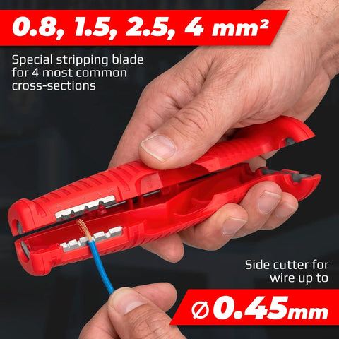 Hand holding a red Versatile 8-in-1 Multifunction Wire Stripper Cable Tool for stripping 0.8 to 4 mm wires with side cutter.