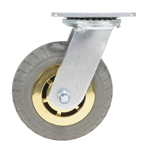 Heavy Duty Flat Free Swivel Caster Six Inch Diameter Two Inches Wide Solid Rubber Tread Rated 617 Pounds, side view showing solid rubber wheel.