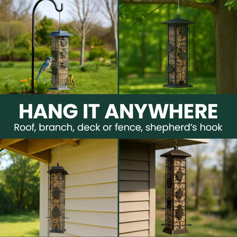 Weight Activated Squirrel Proof Bird Feeder With Two Pound Seed Capacity hanging in garden settings on metal hook and tree branch