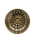 Top view of post style kitchen sink basket strainer and extra deep collar waste disposal flange combo fitting, polished brass finish.