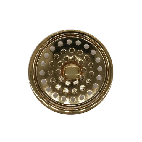 Top view of post style kitchen sink basket strainer and extra deep collar waste disposal flange combo fitting, polished brass finish.