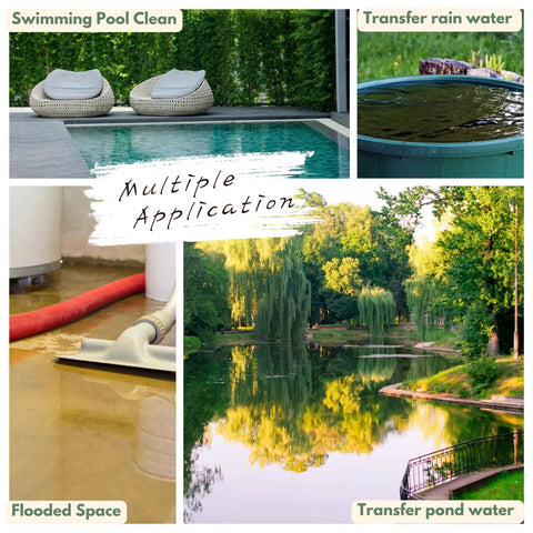 Hella Strong Submersible Sump Pump And Portable Utility Water Transfer Setup With 25 Foot Hose and Cord for flooded space and pond transfer.