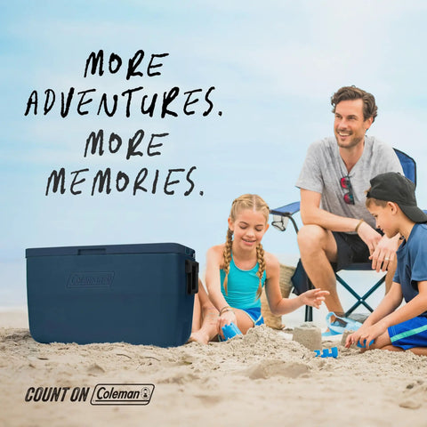 Family enjoying a beach day with a 48 Quart Portable Cooler With Ice Retention Up To 60 Hours And TempLock Foam, Leak Resistant Build