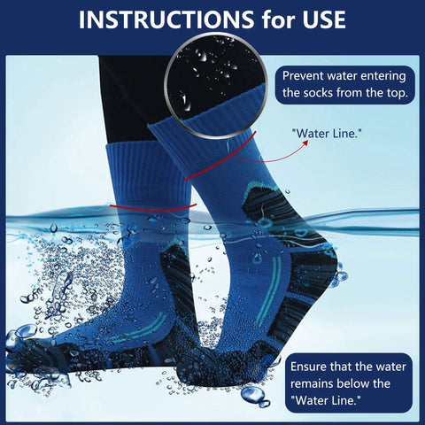 Instructions showing Waterproof Breathable Knee High Socks for Skiing Cycling Running Trekking and Fishing Unisex 1 Pair Grey Tough Outdoor Gear for All Weather Adventures in water