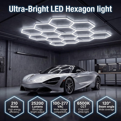 Hexagon LED Garage Lights 210W 25200LM 35 Pack Ultra Bright Ceiling Panels For Garage Workshop Gym Car Detailing Barber Auto Shops 6500K Daylight CRI Over 85 True Color Illumination installed in a garage lighting a car workshop area.