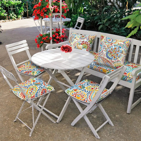 Set Of 4 Outdoor Chair Cushions With Ties Water Repellent Patio Seat Cushions 17 In By 16 In By 2 In Round Corner Paisley Multi