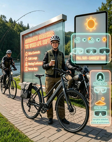 Kickass Photochromic Polarized Safety Glasses With UV400 Protection And Impact Resistant Build For Cycling Driving Work Tasks Ace Eyewear worn by cyclists with a coffee cup.