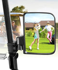 Universal No Drill Golf Cart Side Mirror Set with Folding Design 180 Degree Adjustable HD Glass, showing golfers in reflection
