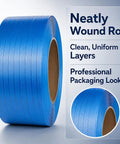 Heavy Duty Blue Polypropylene Strapping Roll 1/2 By 3300 Feet Hella Tough Industrial Pallet Banding Strap No Sweat Weather Proof Packaging Bundle Wrapping neatly wound with clean, uniform layers.