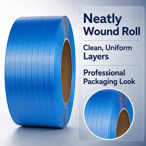 Heavy Duty Blue Polypropylene Strapping Roll 1/2 By 3300 Feet Hella Tough Industrial Pallet Banding Strap No Sweat Weather Proof Packaging Bundle Wrapping neatly wound with clean, uniform layers.