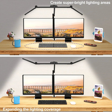 LED Desk Lamp With Clamp For Home Office Atmosphere Lighting, 7 Joint Adjustable Swing Arm, 24W Ultra Bright Light illuminating dual monitors on a desk.