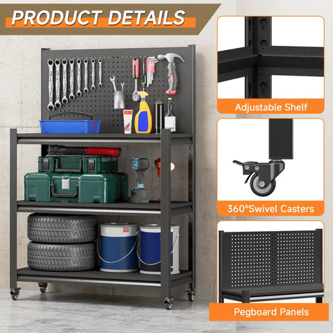 Heavy Duty Steel Workbench With Pegboard On Wheels For Garage And Workshop Built Tough Adjustable Height Tool Table Rugged Metal Work Bench 48 Inch By 34 Inch By 18 Inch Black showcasing tool storage and pegboard