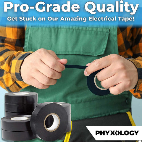Black electrical tape rolls; Phyxology brand, several rolls stacked with one being held
