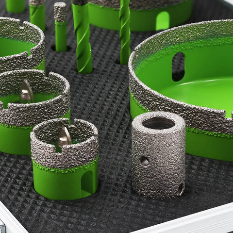 Close-up of Built Tough Diamond Tile Hole Saw Kit 16 Piece Core Drill Set with tri shank cutters in green, designed for masonry and tile.