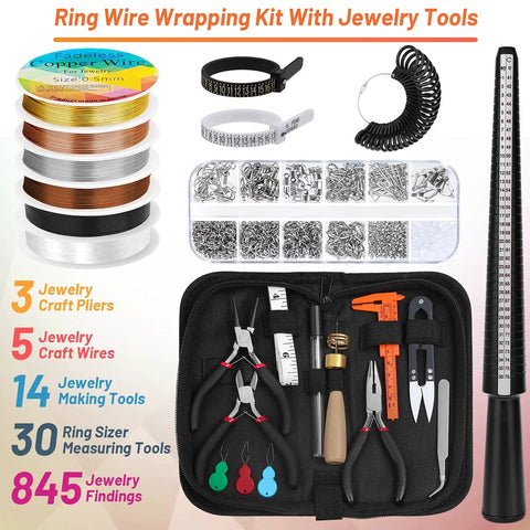 Ring Making Kit With Wire Wrapping Tools And Ring Sizers, Jewelry Craft Supplies Bundle Including Wire, Findings, Pliers