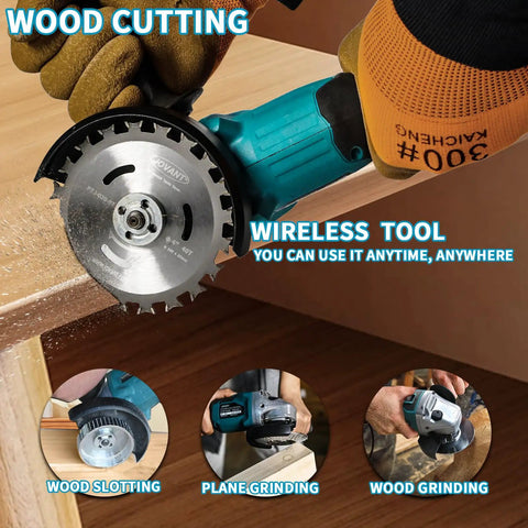 Cordless 20V Angle Grinder Kit Heavy Duty With Four Inch And Four And A Half Inch Discs in use on wood