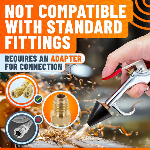 Badass Stainless Steel Air Nozzle Blow Gun For Compressor Systems High Pressure Dust Blaster With Five Point Three Inch Jet Tip Slick For Tight Spaces And Workshop Rig Cleanup Tasks showing adapter connection necessity.
