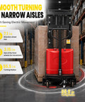 Heavy Hitting Electric Walkie Pallet Stacker With Strong 1.6 Kw Motor Plus Steel Frame Boasting Two Thousand Two Hundred Four Pound Capacity And Ninety Eight Inch Lift Height For Dock To Rack Yard Work with highlighted smooth turning in narrow aisles and wheel sizes.