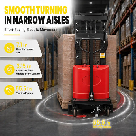 Heavy Hitting Electric Walkie Pallet Stacker With Strong 1.6 Kw Motor Plus Steel Frame Boasting Two Thousand Two Hundred Four Pound Capacity And Ninety Eight Inch Lift Height For Dock To Rack Yard Work with highlighted smooth turning in narrow aisles and wheel sizes.