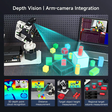 6DOF Programming Robotic Arm Kit With 3D Adaptive Gripping And Embodied Intelligence Pro Grade AI Model For Mechanical Engineers Python Friendly Control Standard Nano 4GB With ROS Master Compatibility system with cubes on table