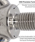 Close-up of Beefed Up Industrial Grade Stainless Steel Lifting Eye Bolts M10 Set Of 5 Forged For Heavy Lifting, High Tensile Strength, JIS B1168 Certified, Proof Load Verified, Durable Eyebolts For Hoisting, Rigging And Machinery Use, showing threaded bolt and polished shoulder.