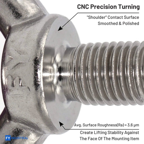 Close-up of Beefed Up Industrial Grade Stainless Steel Lifting Eye Bolts M10 Set Of 5 Forged For Heavy Lifting, High Tensile Strength, JIS B1168 Certified, Proof Load Verified, Durable Eyebolts For Hoisting, Rigging And Machinery Use, showing threaded bolt and polished shoulder.