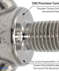 Close-up of CNC precision turned M12 Stainless Steel Lifting Eye Bolt with smooth shoulder and polished surface for heavy duty hoisting