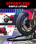 Motorcycle Front And Rear Stand Combo With 4 Pulley Wheel Lift, Universal Fit For Swingarms And Spools, red wheel in action.