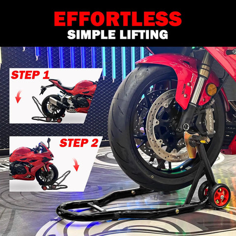 Motorcycle Front And Rear Stand Combo With 4 Pulley Wheel Lift, Universal Fit For Swingarms And Spools, red wheel in action.