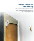 Rock Solid Self Leveling Sawtooth Picture Frame Wall Hangers For Wood Art Displays With No Hassle Easy Install Hardware Kit Holds Up To Thirty Pounds Super Legit Five Piece Set showing adjustable serrated edges on a frame.