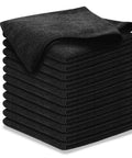 Stack of black Ultra Absorbent Microfiber Cleaning Cloth 12.5x12.5 Inches, 300 GSM, 1200 Washes, Grip Root Weave Towel