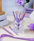 Purple Crystal Diamond Pens Set 8 Metal Pens In Different Styles With Black And Blue Ink For Journaling And Office Use For Women Glam Back To School Essentials And Girl Birthday Gift Idea displayed in a holder on a desk