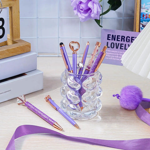 Purple Crystal Diamond Pens Set 8 Metal Pens In Different Styles With Black And Blue Ink For Journaling And Office Use For Women Glam Back To School Essentials And Girl Birthday Gift Idea displayed in a holder on a desk