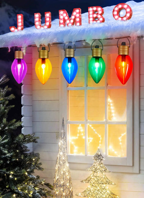 Two Pack Jumbo C9 Christmas Pathway Lights For Outdoor Decor, 17 Feet Total With Ten Multicolor LED Bulbs, Stakes Included