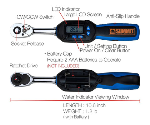 Digital Torque Wrench Three Eighths Inch with large LCD, LED light, anti-slip handle, and socket release showing specifications.