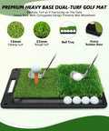 Indoor And Outdoor Golf Hitting Practice Net 10x7ft With Heavy Duty Base And Dual Turf Mat, close-up of dual turf mats with golf clubs