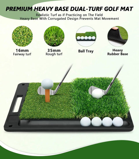 Indoor And Outdoor Golf Hitting Practice Net 10x7ft With Heavy Duty Base And Dual Turf Mat, close-up of dual turf mats with golf clubs