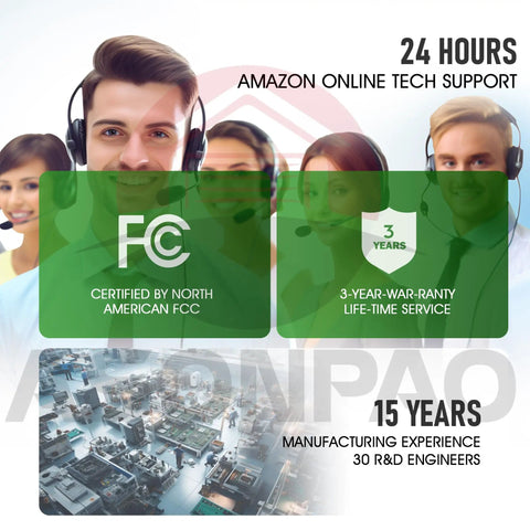 Customer support team with FCC certification and warranty badge, highlighting 15 years of manufacturing experience and online tech support.