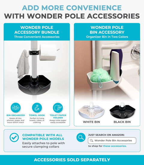 Wonder Pole accessories bundle with towel hook, toilet paper holder, and organizer bin for tension mounted floor to ceiling transfer pole.