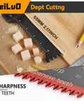 33 Piece Oscillating Tool Blades Set Hella Versatile Multi Tool Kit For Wood And Metal Bi Metal And Titanium Pro Contractor Gear shows depth cutting blade with measurement.