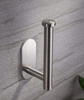 Stick On Toilet Paper Holder No Drilling Stainless Steel Brushed Finish Easy Install For Bathroom Bedroom And Lavatory Durable SUS 304 Roll Holder Six Point Two Inch Long Two Point Six Inch Plate mounted on wall.