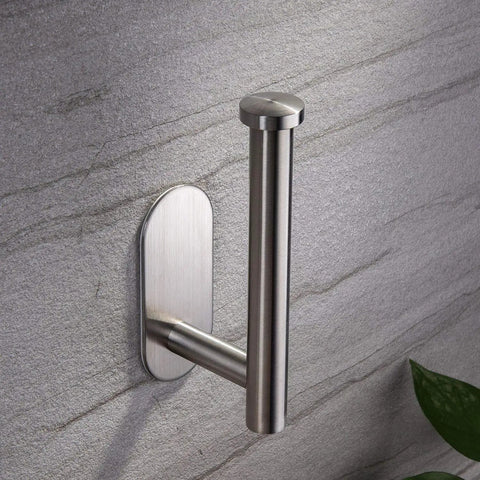 Stick On Toilet Paper Holder No Drilling Stainless Steel Brushed Finish Easy Install For Bathroom Bedroom And Lavatory Durable SUS 304 Roll Holder Six Point Two Inch Long Two Point Six Inch Plate mounted on wall.