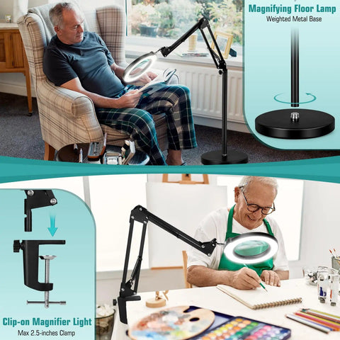 Elderly man using 10X Real Glass Magnifying Glass With Light And Stand for reading; artist using it for painting detail.