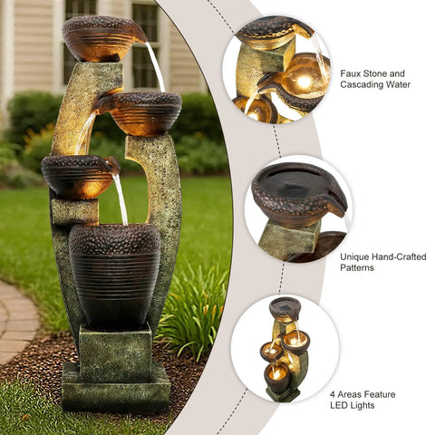 40 Inch Tall Outdoor Water Fountain With 4 Tier Crocks And LED Lights, Premium Resin And Fiberglass Construction, in garden setting