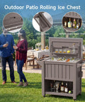 120-Quart Patio Cooler With Wheels, Rollable Outdoor Ice Chest With Bottle Opener, Collapsible Side Shelf And Drain Rack, Brown