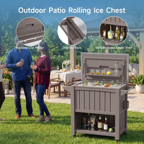120-Quart Patio Cooler With Wheels, Rollable Outdoor Ice Chest With Bottle Opener, Collapsible Side Shelf And Drain Rack, Brown