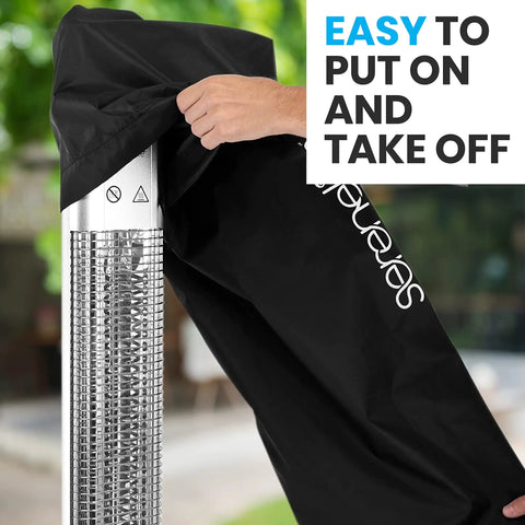 Heavy Duty Patio Heater Cover For Outdoor Infrared Heaters Weatherproof Dustproof Tear Resistant Waterproof Wind Sun Snow Protection Easy On And Off Durable Shield being placed over a heater.