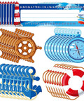 64 Piece Nautical Classroom Decor Bundle With Nameplates And Sailing Paper Cutouts Plus Glue Dot Sheets For Name Tags And Bulletin Board Borders Perfect For Teachers Admins And Kindergartens showing various sailing themed cutouts and nameplates.