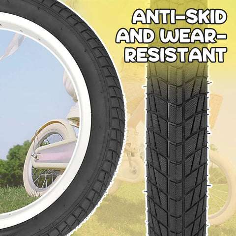 Close-up of Two Pack 18 Inch Kid Bike Tires 18 X 2.125 with Inner Tubes showing smooth tread and anti-skid feature.