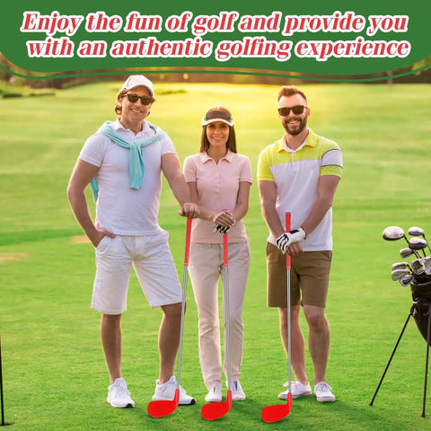 Three people on a golf course holding 6 Pack 36 Inch Backyard Golf Club Set With Oversize Heads Right Hand For Home Practice And Family Fun
